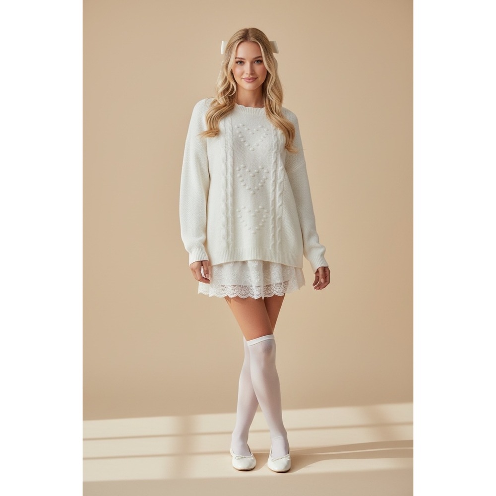 Old Navy SoSoft Heart Bobble XL Cable Knit Sweater Cream Coquette Romantic
